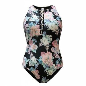 Bathing suit, one piece, black floral, size large